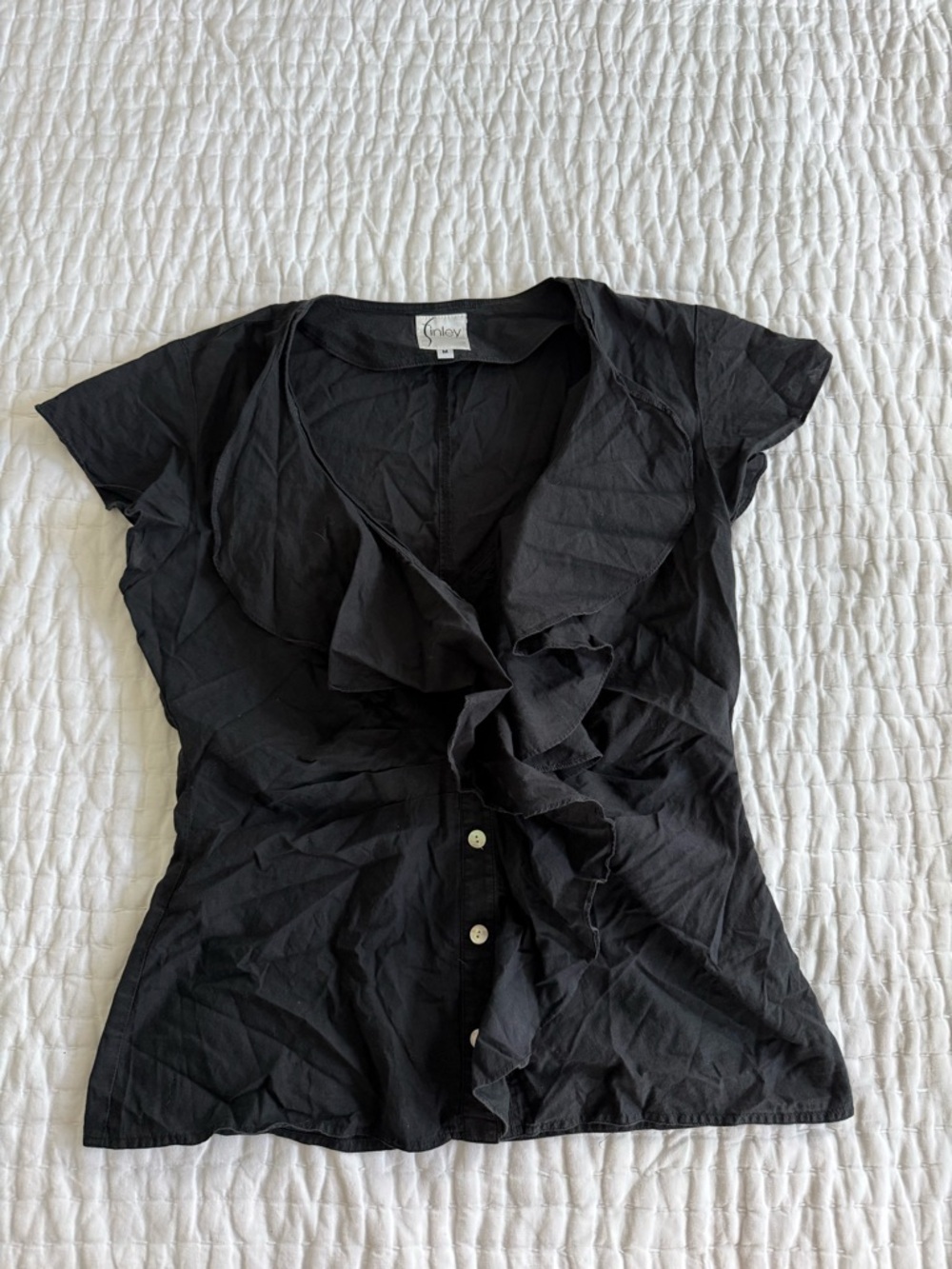 Finley Black Ruffle-Front Short Sleeve Blouse Size M